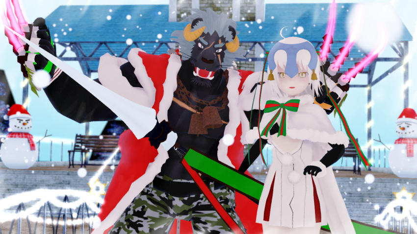 16:9 2019 3d_(artwork) abs accessory anthro breasts christmas clothing demon digital_media_(artwork) duo fate_(series) felid female grey_hair hair hair_accessory hair_ribbon headgear headwear holidays horn human jeanne_d'arc_(fate) krampus_(housamo) lancer_jeanne_d'arc_alter_santa_lily long_hair looking_at_viewer male malicekira mammal muscular muscular_male pantherine pecs ribbons scar size_difference small_breasts smile snow tokyo_afterschool_summoners video_games yellow_eyes