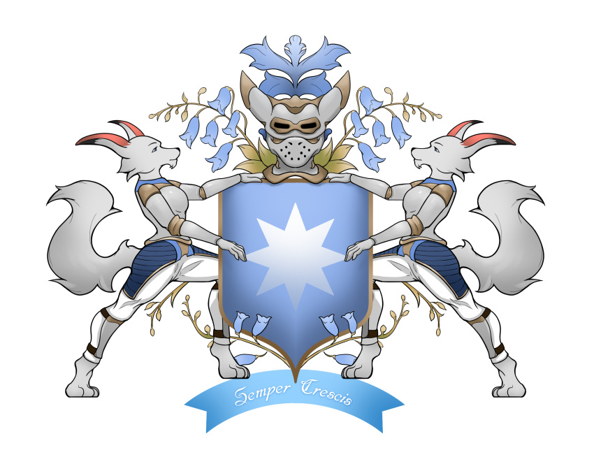 absurd_res alpha_channel anthro armor blue_theme canid canine coat_of_arms digitigrade duo female flower fox foxglove_(plant) fur furgonomics headgear helmet hi_res latin_text mammal medieval motto pimpartist plant star text white_fur