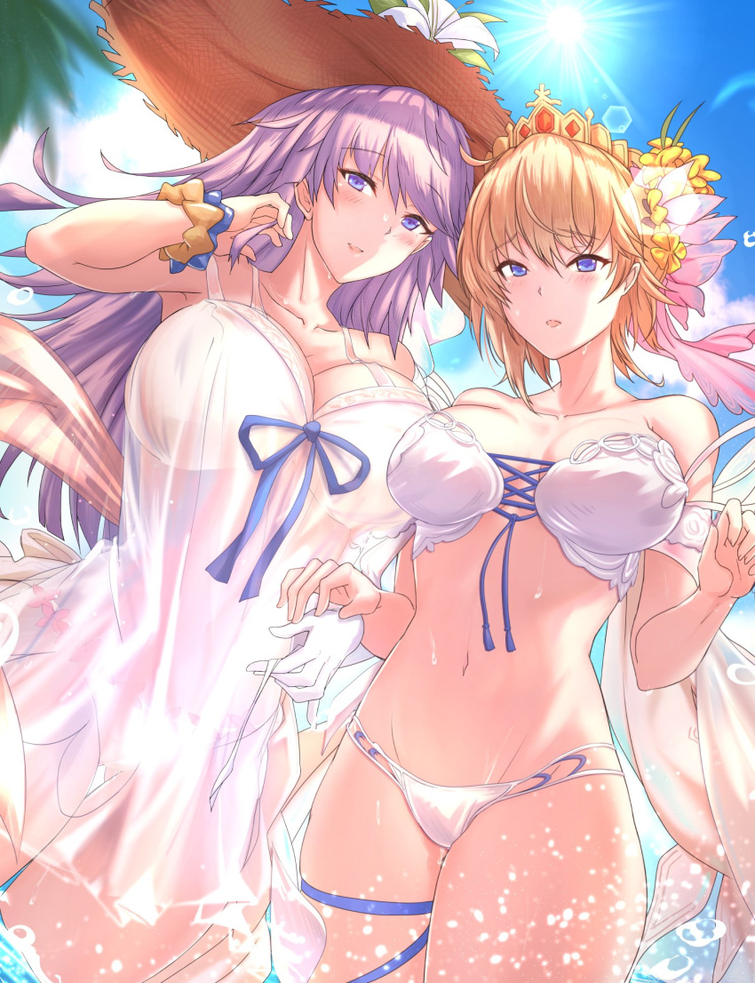 2girls antiqq bangs bare_shoulders bikini blonde_hair blue_eyes blue_sky blush breasts cleavage closed_eyes collarbone dress europa_(granblue_fantasy) flower gabriel_(granblue_fantasy) granblue_fantasy hair_between_eyes hair_flower hair_ornament hat highres large_breasts long_hair looking_at_viewer multiple_girls navel outdoors partially_submerged purple_eyes purple_hair scrunchie short_hair sky standing stomach swimsuit water white_bikini white_dress wrist_scrunchie