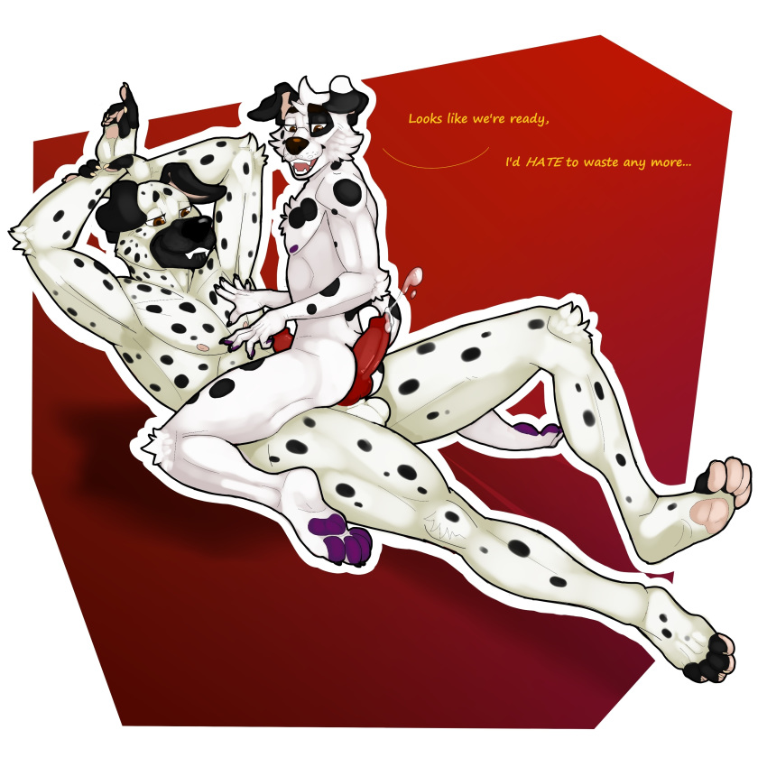 1:1 absurd_res balls bodily_fluids canid canine canis cowgirl_position cum dalmatian dogbert dom_sub_relations domestic_dog duo fingerless_(markings) fisis genital_fluids gleely_(character) hand_holding hi_res knot looking_at_penis male male/male mammal on_top pawpads paws penis precum premature_ejaculation purple_pawpads sex sitting size_difference small_dom_big_sub text toeless_(markings)