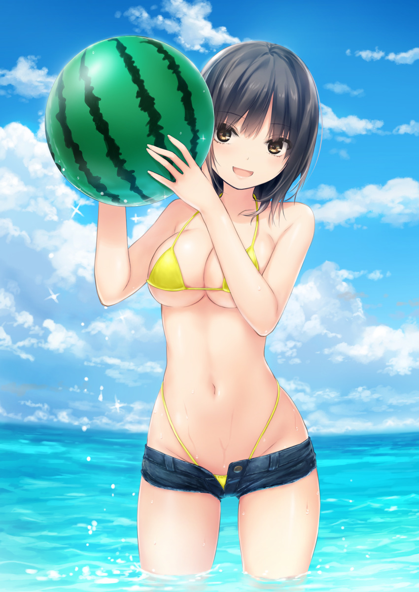 1girl :d aoyama_sumika ball bangs bare_arms bare_shoulders beachball bikini bikini_under_clothes black_hair blue_shorts blue_sky blush breasts brown_eyes cleavage cloud cloudy_sky coffee-kizoku collarbone commentary_request day eyebrows_visible_through_hair food fruit groin hair_between_eyes hands_up highleg highleg_bikini highres holding holding_ball holding_food holding_fruit horizon looking_at_viewer medium_breasts micro_shorts navel ocean open_clothes open_fly open_mouth open_shorts original outdoors partially_submerged short_hair short_shorts shorts sky smile solo sparkle standing swimsuit wading water watermelon wet yellow_bikini yellow_eyes