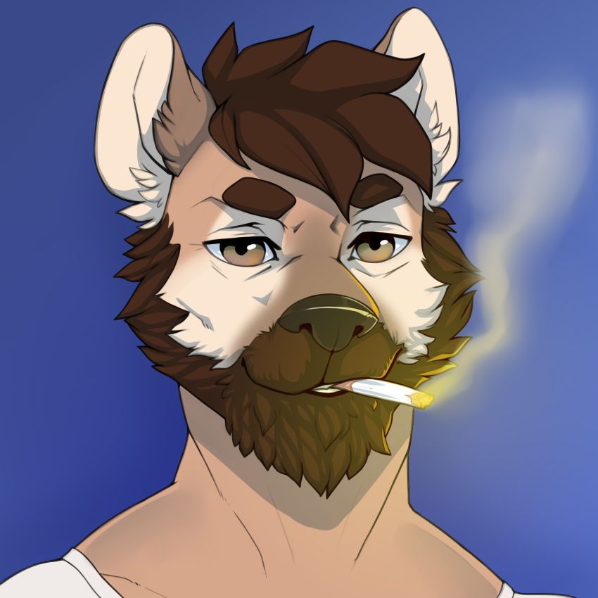 1:1 anthro beard brown_beard brown_eyes brown_fur brown_hair cigarette cougar facial_hair felid feline fur hair hi_res male mammal ralph_belachuk smoking solo waidelos