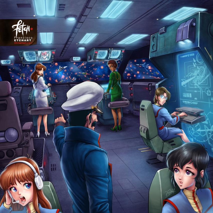 1boy battle bridge buttons choujikuu_yousai_macross commentary dutch_angle english_commentary explosion facial_hair franciscoetchart hat highres machinery macross mecha mustache robotech sdf-1 space space_craft spacecraft_interior uniform