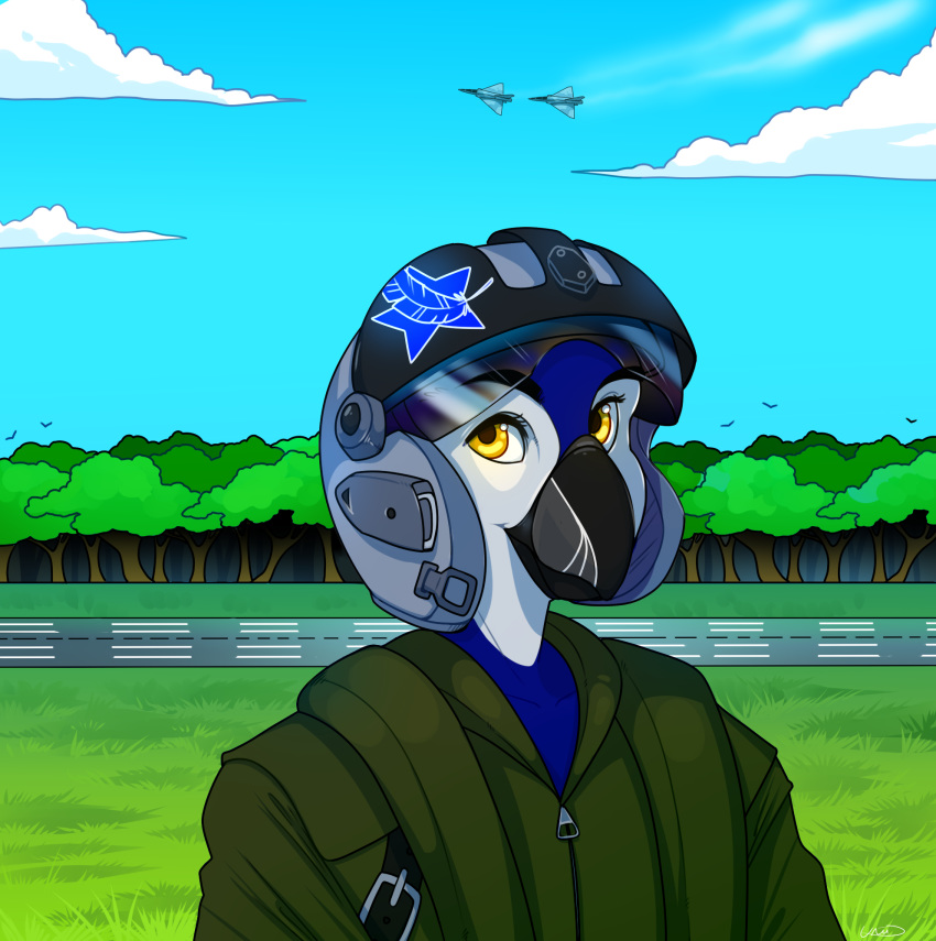 aircraft airfield airplane ambiguous_gender anthro avian bird blue_feathers clothed clothing feathers forest hi_res hikaru_(laulenture) jet looking_at_viewer smile solo tree uni white_feathers yellow_eyes