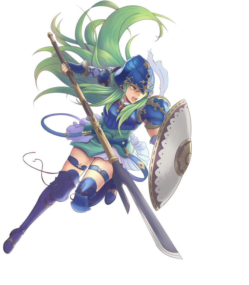 1girl armored_boots blue_footwear boots fire_emblem fire_emblem:_path_of_radiance floating_hair full_body gauntlets green_eyes green_hair helmet highres holding holding_shield holding_spear holding_weapon long_hair miniskirt nephenee open_mouth polearm shield shoulder_armor skirt solo spaulders spear thigh_boots thigh_strap thighhighs transparent_background very_long_hair weapon white_skirt will_(willanator93) zettai_ryouiki