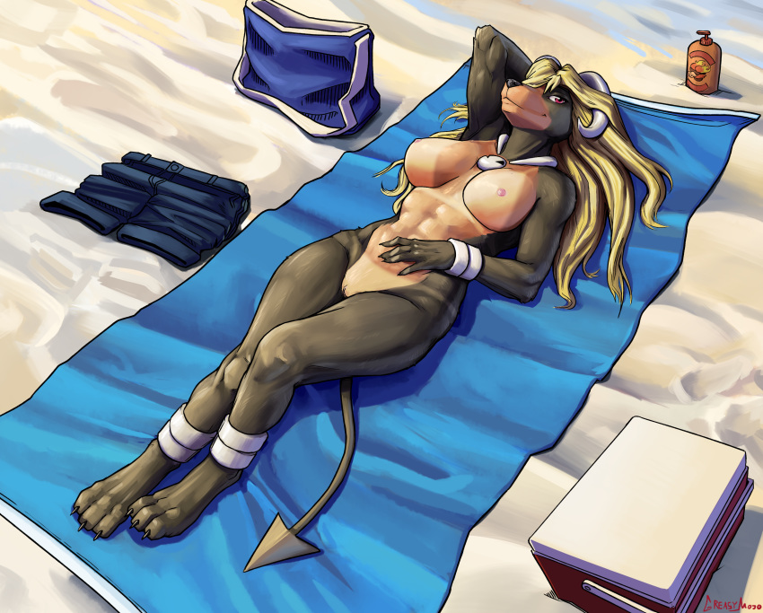 abs absurd_res anthro beach breasts female greasymojo hi_res horn houndoom lying nintendo nipples nude on_back outside pok&eacute;mon pok&eacute;mon_(species) pussy seaside smile solo suntan tan_line towel video_games wide_hips