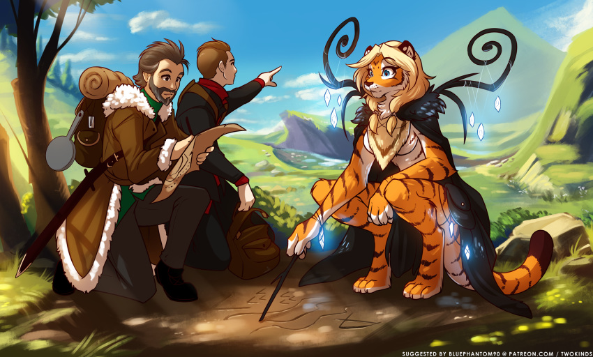2019 anthro backpack barefoot beard blonde_hair blue_eyes breasts brown_hair cape cape_only clothed clothing crouching crystal detailed_background digitigrade facial_hair felid female fur fur_trim_(clothing) gesture grass group hair hi_res hill holding_object human keidran kneeling male mammal map mostly_nude mountain multicolored_fur orange_fur outside pantherine pigtails pointing side_boob stick striped_fur stripes tiger tom_fischbach tree twokinds webcomic white_fur