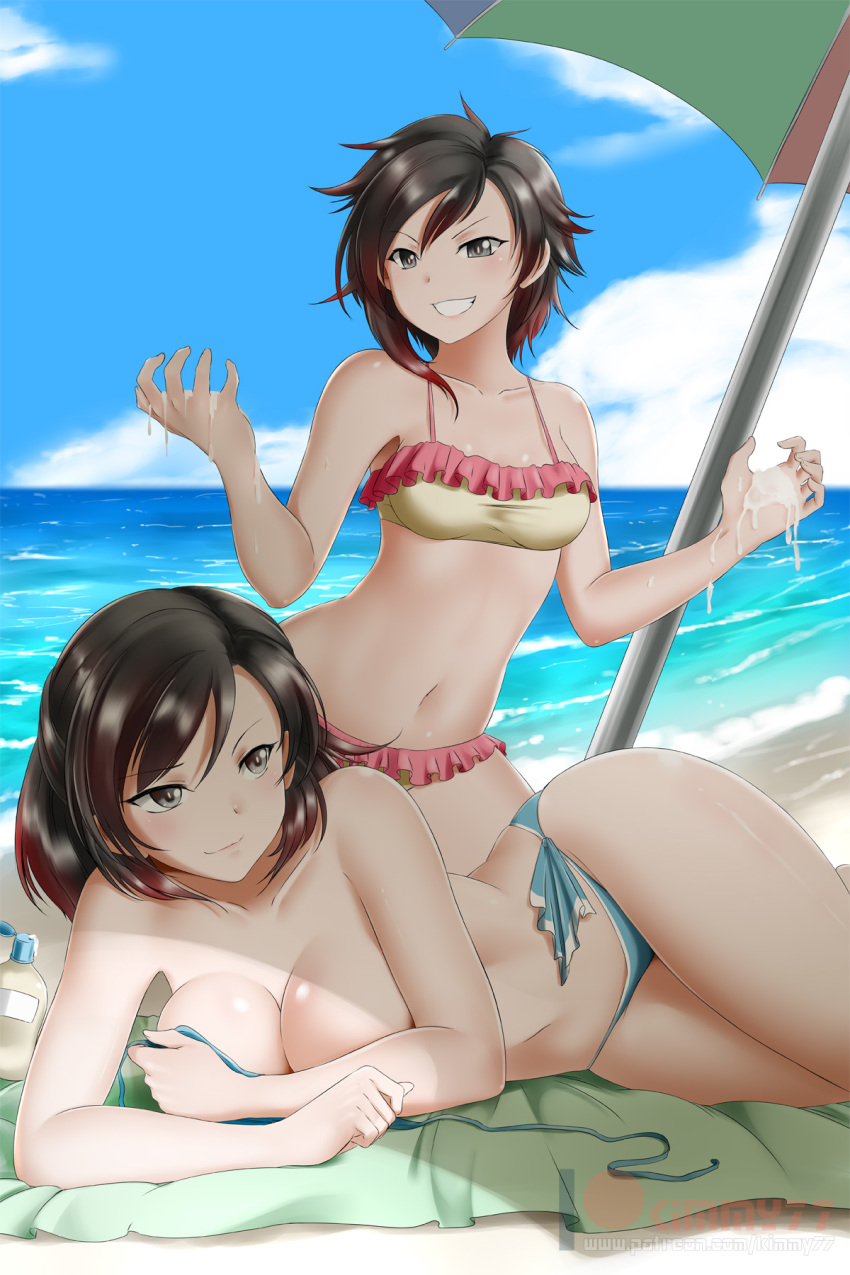 2girls alfred_cullado banned_artist beach bikini black_hair blue_bikini blue_sky breasts cleavage closed_mouth cloud collarbone covering covering_one_breast day frilled_bikini frills gradient_hair grey_eyes grin hair_between_eyes highres kneeling large_breasts lying medium_breasts mother_and_daughter multicolored_hair multiple_girls navel ocean on_side outdoors parasol red_hair ruby_rose rwby shiny shiny_hair shiny_skin short_hair sky smile summer_rose swimsuit umbrella untied untied_bikini