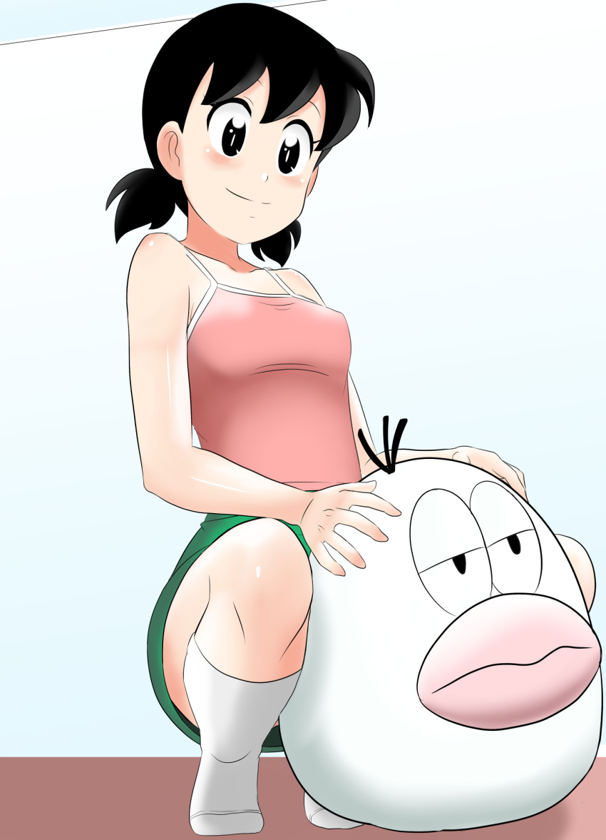 1girl black_hair blush breasts camisole closed_mouth commentary_request doraemon highres kakkii minamoto_shizuka short_hair skirt smile socks solo twintails