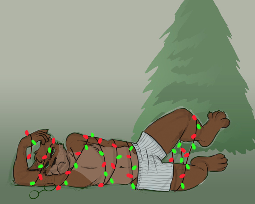 5:4 annoyed anthro christmas christmas_lights christmas_tree clothed clothing domestic_cat felid feline felis holidays jesse_cat male mammal solo topless tree underwear wrapped_up
