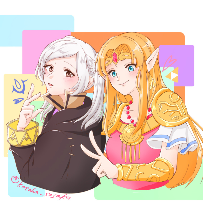 2girls :d artist_name bead_necklace beads black_cloak blonde_hair blue_eyes blush bracer braid brown_eyes circlet cloak collarbone commentary_request cropped_torso crossover dress eyebrows_visible_through_hair fire_emblem fire_emblem_awakening french_braid gem hand_up heart hood hooded_cloak jewelry kotoha_(alice_sea) long_hair long_sleeves looking_at_viewer multiple_girls necklace open_mouth pauldrons pink_dress pointy_ears princess_zelda robin_(fire_emblem) robin_(fire_emblem)_(female) short_sleeves silver_hair smile super_smash_bros. the_legend_of_zelda the_legend_of_zelda:_a_link_between_worlds triforce twintails twitter_username upper_body v white_background wide_sleeves