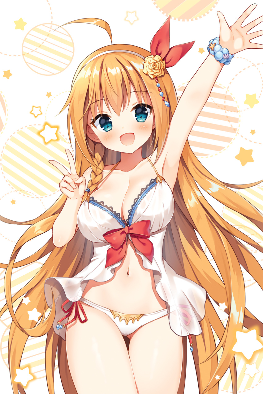 1girl :d ahoge arm_up armpits ass_visible_through_thighs bangs bare_arms bare_shoulders bikini blue_eyes blush bracelet braid breasts brown_hair cleavage commentary_request eyebrows_visible_through_hair flower hair_between_eyes hair_flower hair_ornament hair_ribbon hairband highres jewelry large_breasts long_hair looking_at_viewer mauve navel open_mouth pecorine princess_connect! princess_connect!_re:dive red_ribbon ribbon rose see-through side-tie_bikini side_braid single_braid smile solo star swimsuit thigh_gap v very_long_hair white_bikini white_hairband yellow_flower yellow_rose
