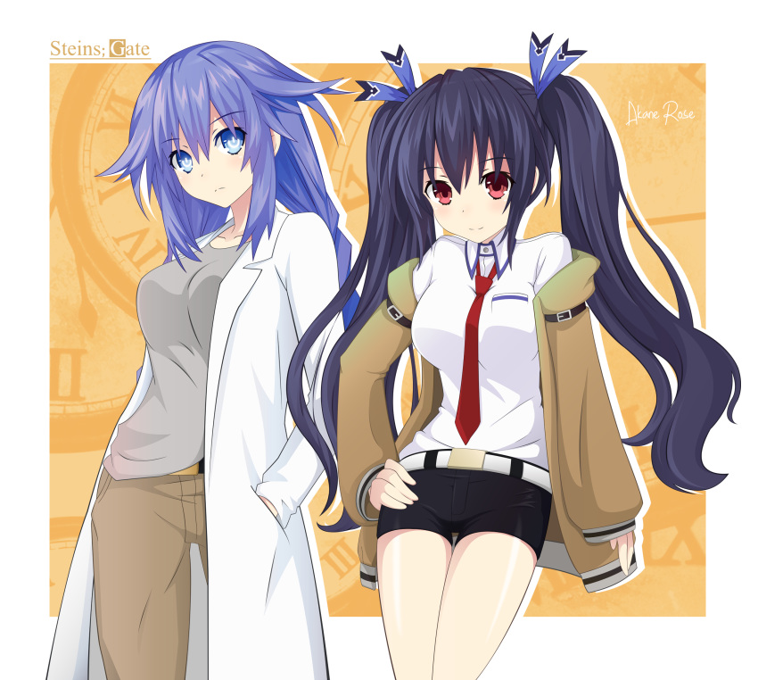 2girls akane_rose artist_name belt between_breasts black_hair black_shorts blue_eyes blue_hair breasts brown_jacket brown_pants choujigen_game_neptune clock collared_shirt copyright_name cosplay cowboy_shot eyebrows_visible_through_hair grey_shirt hair_ribbon hand_in_pocket hand_on_hip highres jacket labcoat long_hair long_sleeves looking_at_viewer makise_kurisu makise_kurisu_(cosplay) medium_breasts multiple_girls necktie neptune_(series) noire off_shoulder okabe_rintarou okabe_rintarou_(cosplay) pants purple_heart red_eyes red_neckwear ribbon shirt short_shorts shorts sidelocks signature smile steins;gate symbol-shaped_pupils twintails white_shirt