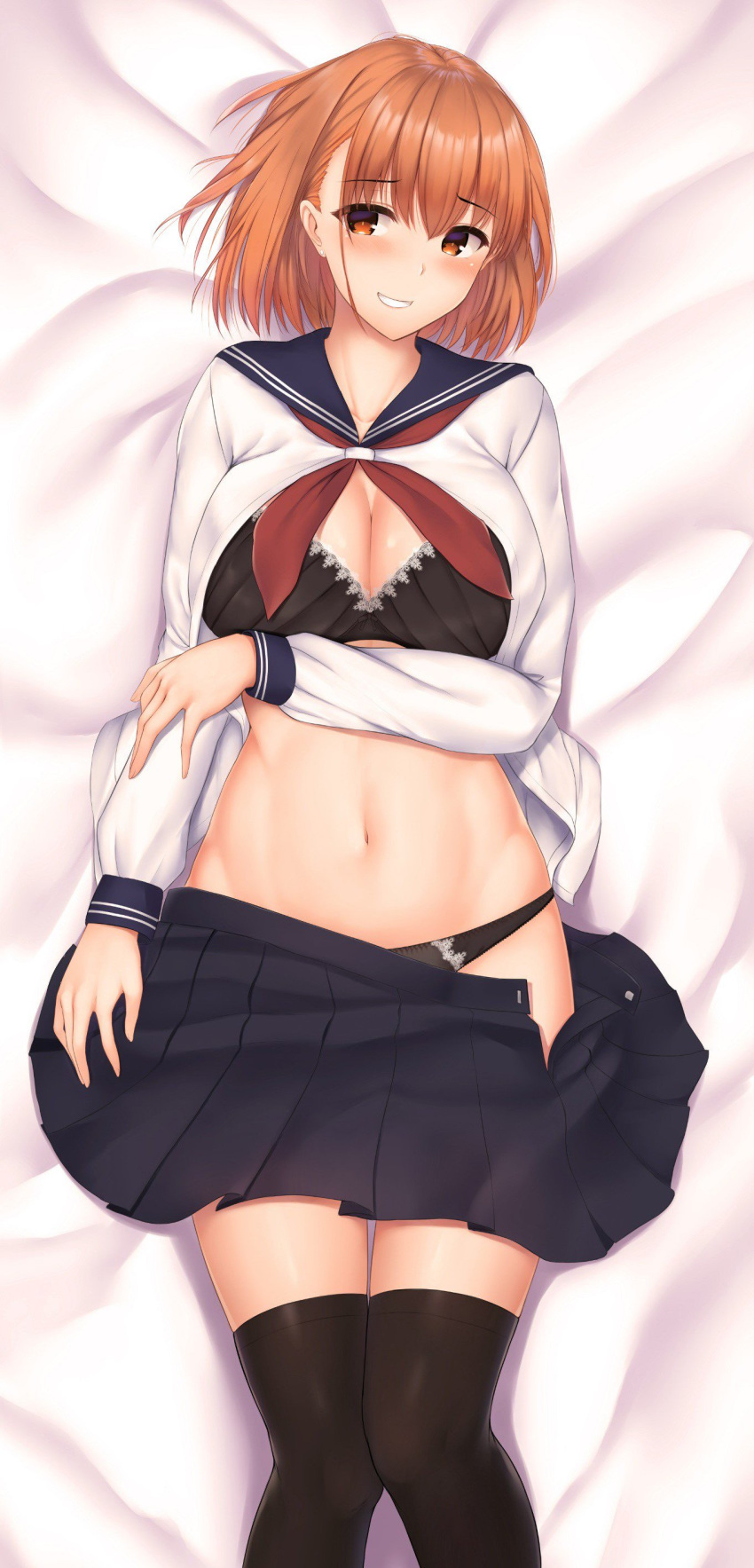 1girl absurdres airi_(satosi) bangs black_bra black_legwear black_panties black_skirt blush bra breasts brown_eyes cleavage grin highres large_breasts long_sleeves looking_to_the_side navel neckerchief orange_hair original panties pleated_skirt red_neckwear sailor_collar satosi school_uniform serafuku shirt shirt_lift short_hair skirt skirt_pull smile solo thighhighs thighs underwear white_shirt