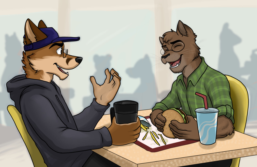 anthro beverage burger cafeteria canid canine coffee devin_fox domestic_cat duo felid feline felis food food_tray fox fries hi_res jesse_cat laugh male mammal pop