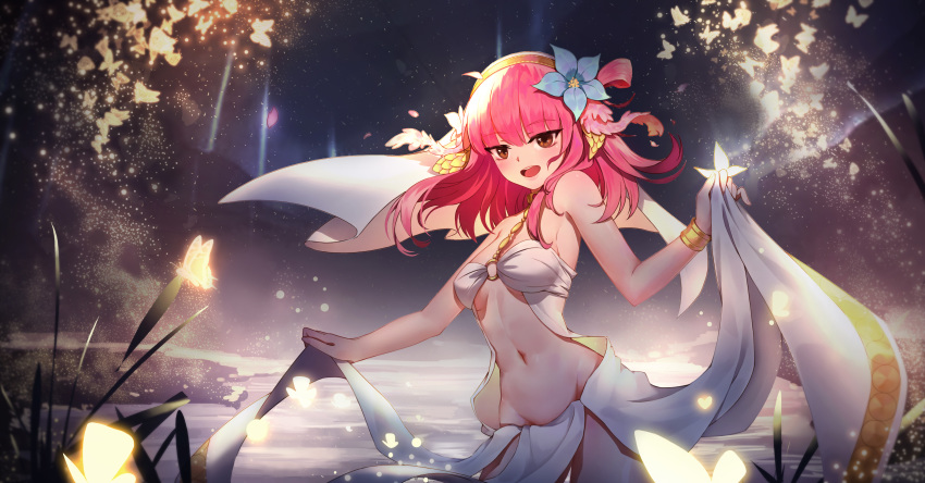 1girl :d absurdres bangs blue_flower bracelet breasts brown_eyes eyebrows_visible_through_hair floating_hair flower groin hair_flower hair_ornament highres jewelry long_hair magi_the_labyrinth_of_magic medium_breasts moonofmonster morgiana navel night night_sky open_mouth outdoors pink_hair sky sleeveless smile solo standing star_(sky) starry_sky underboob veil wading