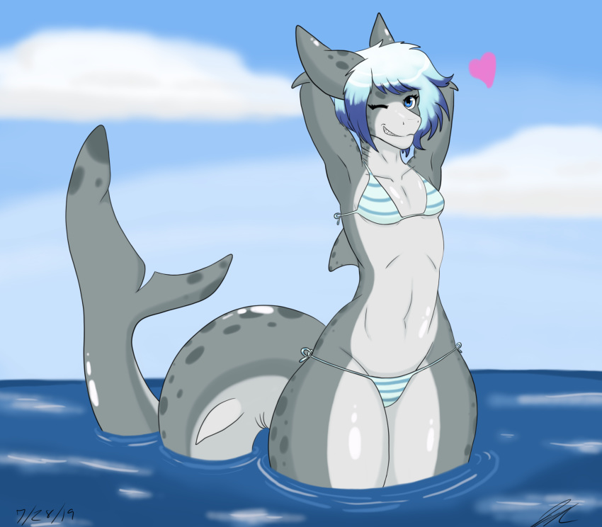 &lt;3 bikini blue_eyes blue_hair breasts clothed clothing cloud female fish hair hi_res jeffthehusky long_tail marine shark short_hair skimpy small_breasts solo swimwear thick_thighs water wide_hips