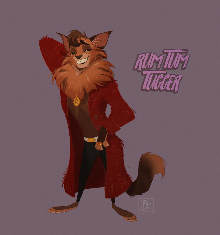 anthro bottomwear cats_(musical) clothing domestic_cat felid feline felis hi_res male mammal ritwell rum_tum_tugger smile solo