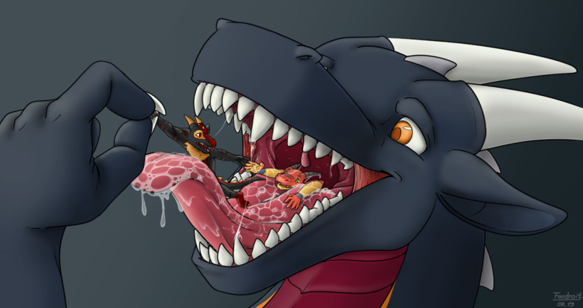 anthro bodily_fluids bunsen dragon fandroit feral macro micro saliva scalie size_difference sparkflare teeth throat tongue vore western_dragon zyro