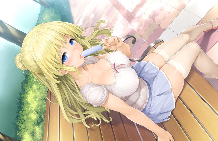 1girl amabane_nodoka bench blonde_hair blue_eyes blue_skirt blush breasts bush cleavage covered_nipples day dripping dutch_angle food food_on_breasts from_above game_cg half-closed_eyes half_updo highres holding holding_food ishikei large_breasts long_hair looking_at_viewer love_cube miniskirt on_bench open_mouth outdoors park pleated_skirt popsicle short_sleeves sitting skindentation skirt solo thighhighs tile_floor tiles tongue tongue_out white_legwear