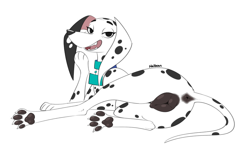 101_dalmatian_street 2019 absurd_res anatomically_correct animal_genitalia animal_pussy anus black_anus black_pawpads black_pussy canid canine canine_pussy canis claws clothing collar dalmatian delilah_(101_dalmatians) domestic_dog fangs female feral floppy_ears halbean hi_res looking_at_viewer lying mammal on_side open_mouth pawpads pussy simple_background solo spots white_background