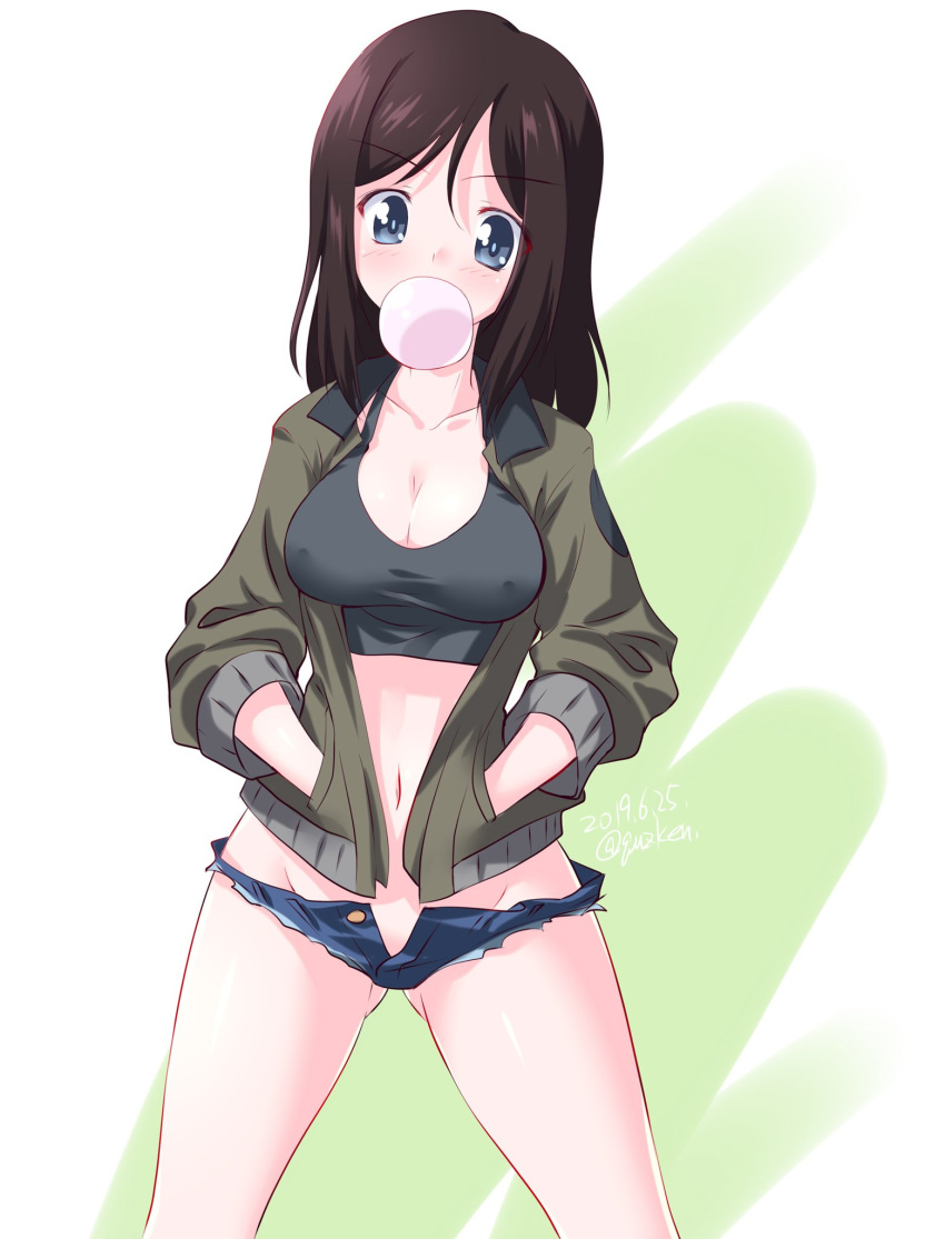 1girl ass_visible_through_thighs bangs black_hair black_shirt blue_eyes blue_shorts blush breasts brown_jacket bubble_blowing chewing_gum cleavage commentary covered_navel cowboy_shot crop_top cutoffs dated emblem eyebrows_visible_through_hair girls_und_panzer hands_in_pockets highres jacket kuzuryuu_kennosuke long_hair long_sleeves looking_at_viewer medium_breasts megumi_(girls_und_panzer) micro_shorts military military_uniform navel open_fly saunders_military_uniform school_connection shirt shorts solo standing swept_bangs thighs twitter_username uniform white_background