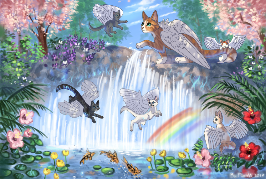 2019 4_toes ambiguous_gender day detailed_background domestic_cat feathered_wings feathers felid feline felis feral fish flash flashw group hybrid mammal marine outside sky smile toes waterfalls white_feathers wings
