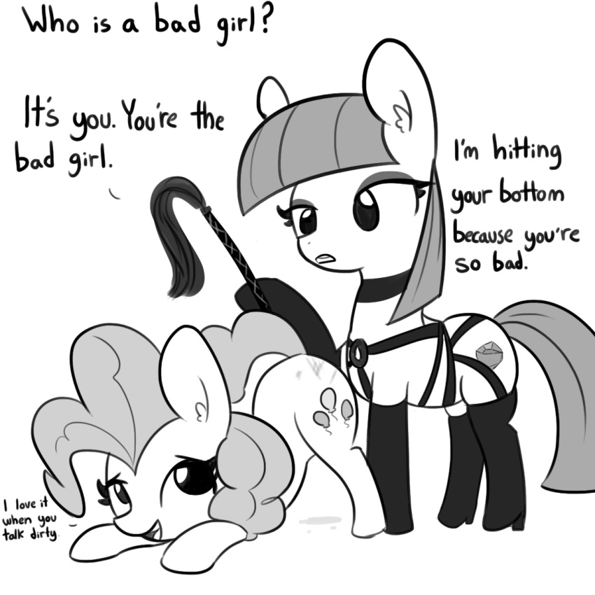 1:1 2019 bdsm cutie_mark dialogue duo earth_pony english_text equid equine female feral friendship_is_magic greyscale hair horn horse mammal maud_pie_(mlp) monochrome multicolored_hair my_little_pony pinkie_pie_(mlp) pony text tjpones whip