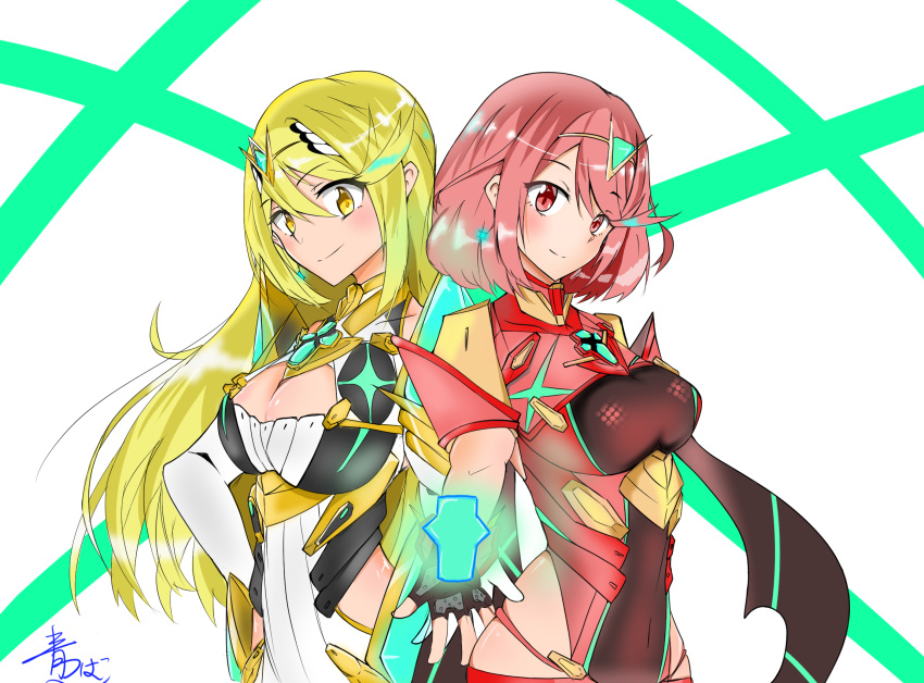 2girls armor bangs blonde_hair blush breasts cleavage covered_navel dress dual_persona earrings elbow_gloves fingerless_gloves gem gloves hair_ornament headpiece highres hikari_(xenoblade_2) homura_(xenoblade_2) jewelry large_breasts long_hair looking_at_viewer multiple_girls pose red_eyes red_hair short_hair shoulder_armor simple_background smile standing swept_bangs tiara upper_body user_hpzg7477 white_background white_dress xenoblade_(series) xenoblade_2 yellow_eyes