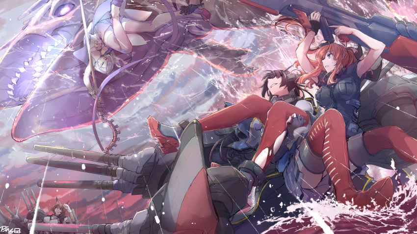 4girls absurdres abyssal_pacific_hime animal black_gloves black_hair breast_pocket breasts brown_hair dress fingerless_gloves gloves hair_ornament harpoon hat headgear highres holding holding_weapon kantai_collection large_breasts long_hair multiple_girls mutsu_(kantai_collection) nagato_(kantai_collection) open_mouth outdoors pin.s pocket ponytail red_legwear remodel_(kantai_collection) rigging saratoga_(kantai_collection) shinkaisei-kan short_hair short_sleeves sidelocks signature skirt sweat teeth torn_clothes torn_legwear water weapon whale white_gloves white_hair