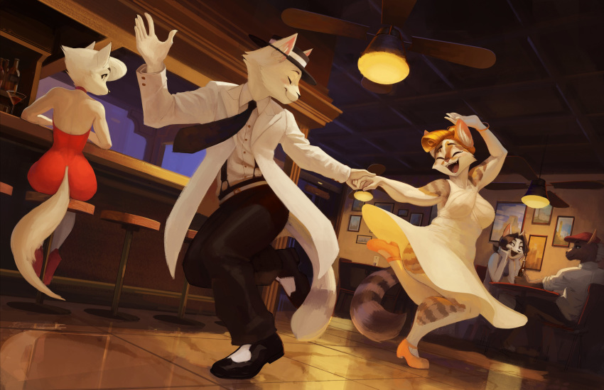 absurd_res anthro breasts clothed clothing cute_fangs dancing detailed_background domestic_cat felid feline felis female group happy hi_res looking_at_another looking_back male mammal open_mouth open_smile raised_leg smile sy_noon