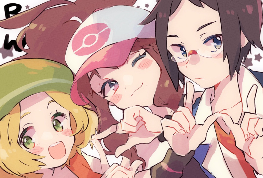 1boy 2girls :d baseball_cap beret bianca_(pokemon) blonde_hair blush_stickers brown_hair cheren_(pokemon) closed_mouth collarbone commentary_request dress eyelashes glasses green_eyes green_headwear hands_up hat hilda_(pokemon) looking_at_viewer misha_(ohds101) multiple_girls one_eye_closed open_mouth orange_vest pokemon pokemon_(game) pokemon_bw short_hair sidelocks smile star_(symbol) teeth upper_teeth vest white_dress