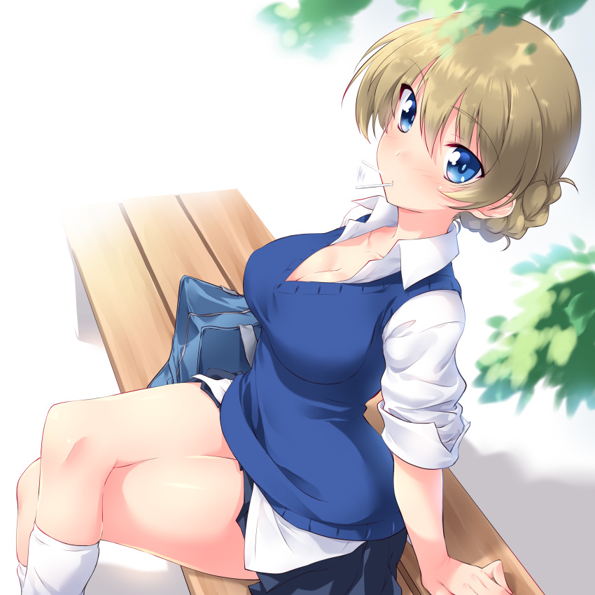 1girl absurdres adapted_uniform afterimage arm_support bag bangs bench blonde_hair blue_eyes blue_skirt blue_sweater blurry_foreground blush braid branch breasts candy cleavage commentary crossed_legs darjeeling dress_shirt eyebrows_visible_through_hair fading food food_in_mouth girls_und_panzer highres kuzuryuu_kennosuke legs lollipop long_sleeves looking_at_viewer loose_socks medium_breasts miniskirt motion_blur mouth_hold pleated_skirt school_bag school_uniform shadow shirt short_hair sitting skirt sleeves_rolled_up solo st._gloriana's_school_uniform sweater tied_hair v-neck white_legwear white_shirt wing_collar
