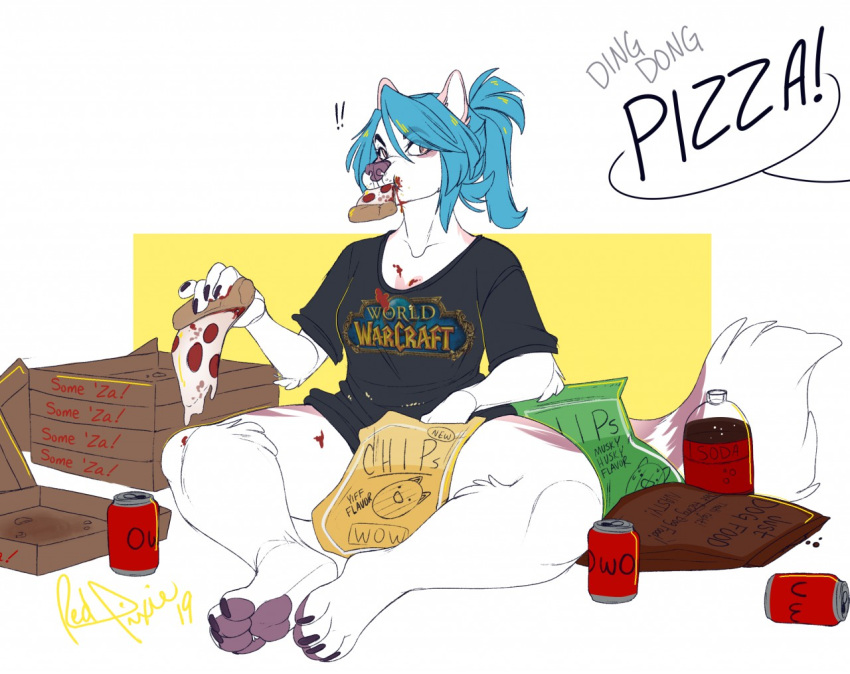 2019 5_fingers anthro barefoot beverage blue_hair canid canine canis chips_(disambiguation) clothed clothing digital_media_(artwork) eating female fingers food hair mammal pizza redpixie sitting soda wolf
