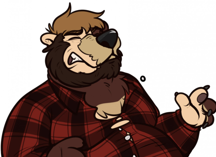 anthro beard belly binturongboy brown_bear brown_fur button_pop claws clothed clothing eyes_closed facial_hair fur human human_to_anthro male mammal overweight overweight_male simple_background solo species_transformation straining_buttons torn_clothing transformation ursid ursine weight_gain white_background