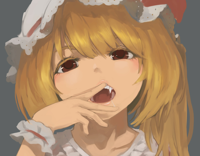 1girl alternate_eye_color alternate_legwear bangs blonde_hair blush brown_eyes collarbone eyelashes fang flandre_scarlet hair_over_shoulder half-closed_eyes hand_to_own_mouth hand_up hat hat_ribbon highres lips looking_at_viewer mob_cap one_side_up open_mouth portrait red_ribbon ribbon saliva saliva_trail short_hair_with_long_locks side_ponytail simple_background solo teeth touhou upper_teeth vampire wrist_cuffs xii_yashizhongzhan