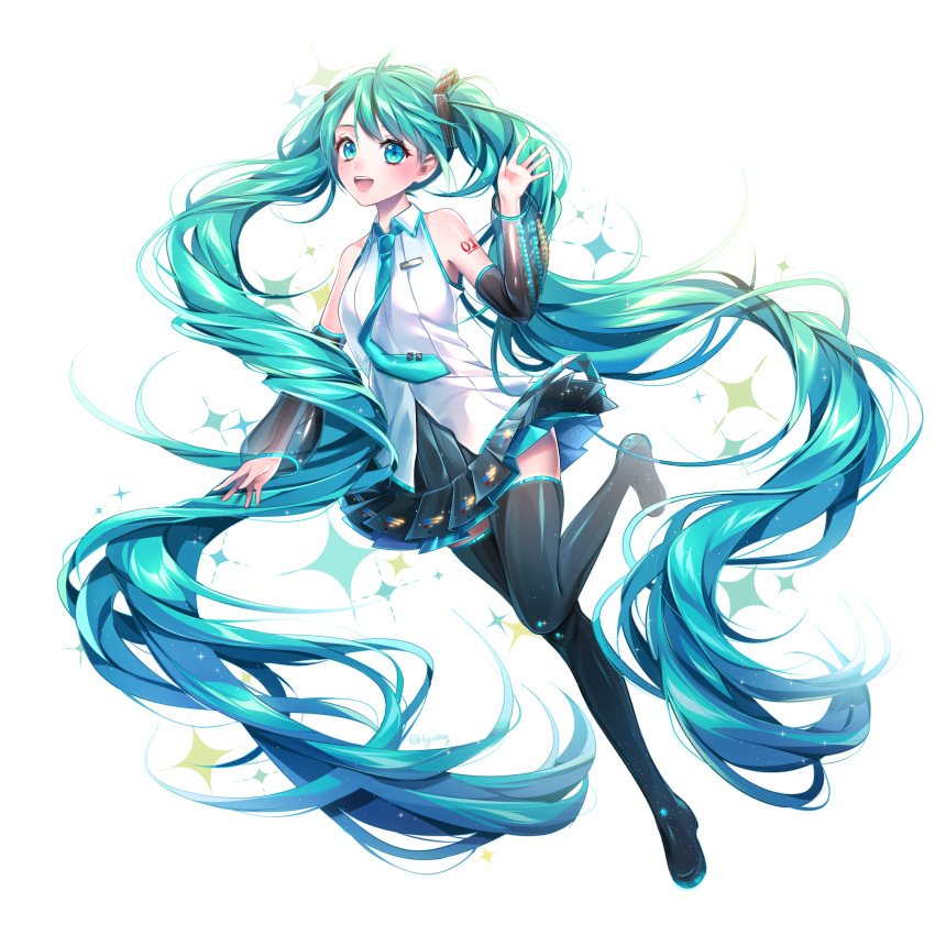 1girl :d absurdly_long_hair absurdres black_footwear black_skirt black_sleeves blue_eyes blue_hair boots collared_shirt detached_sleeves dress_shirt floating_hair full_body hair_ornament hatsune_miku hhgy0925 highres layered_skirt leg_up long_hair long_sleeves miniskirt open_mouth pleated_skirt see-through shiny shiny_hair shirt simple_background skirt sleeveless sleeveless_shirt smile solo thigh_boots thighhighs very_long_hair vocaloid white_background white_shirt wing_collar zettai_ryouiki