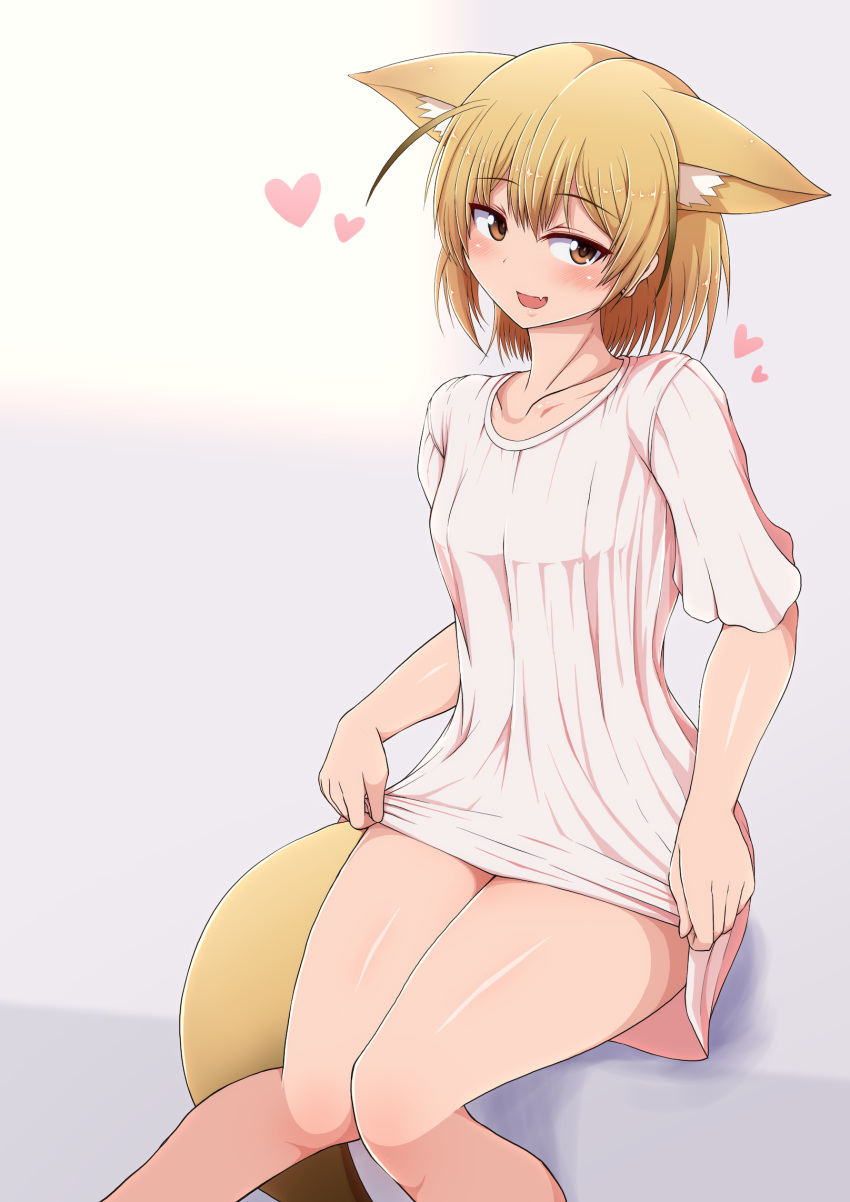 1girl animal_ears bare_legs blonde_hair blush brown_eyes collarbone commentary_request eyebrows_visible_through_hair fennec_(kemono_friends) fox_ears heart highres kemono_friends looking_at_viewer ponpo short_hair short_sleeves solo sweater tail white_sweater