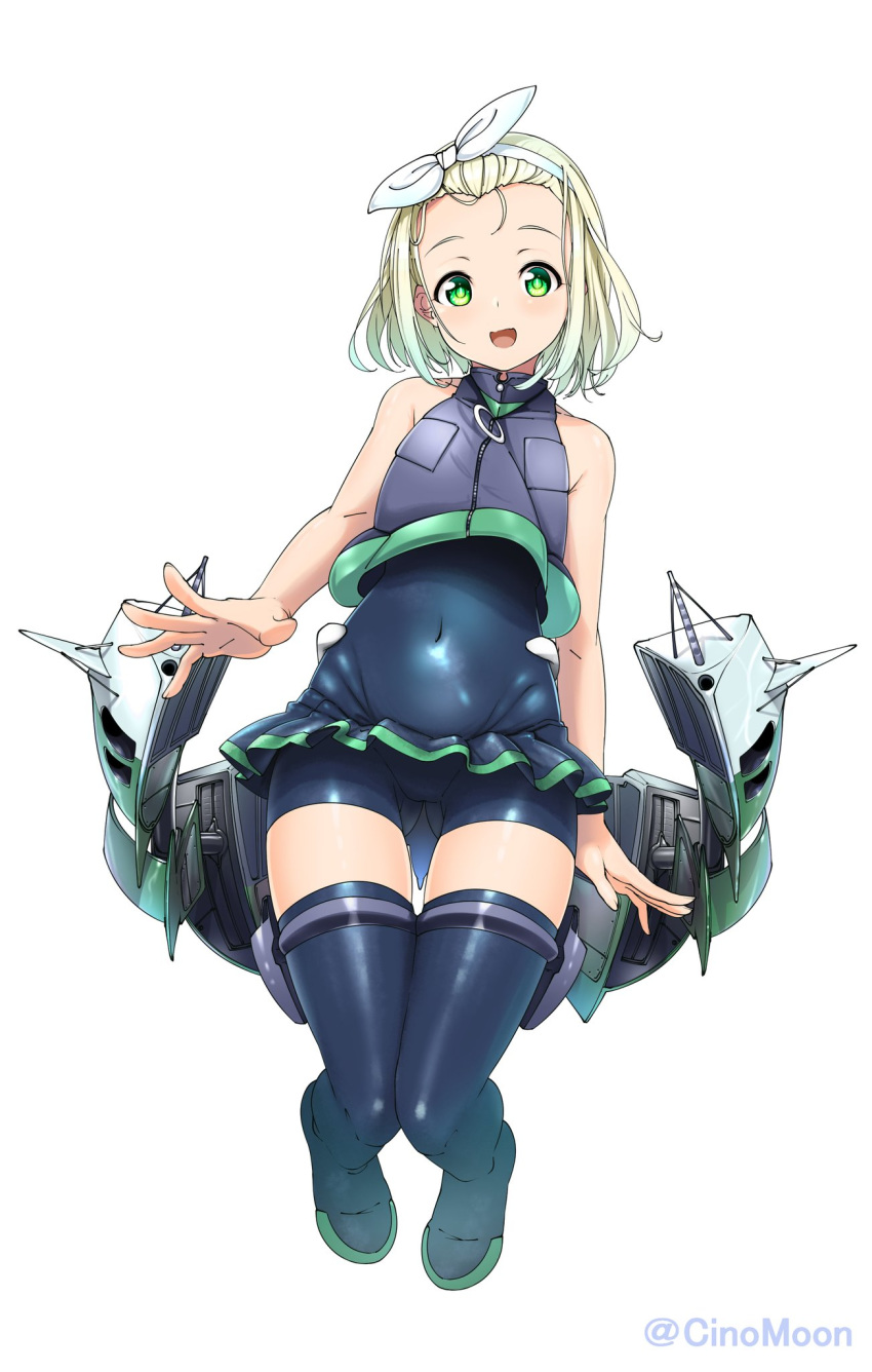 1girl ass_visible_through_thighs blonde_hair blush boots covered_navel flat_chest green_eyes groin hairband highres kantai_collection looking_at_viewer luigi_torelli_(kantai_collection) machinery open_mouth short_hair simple_background sleeveless smile solo tatsu_shinomu thigh_boots thighhighs twitter_username wetsuit white_background white_hairband
