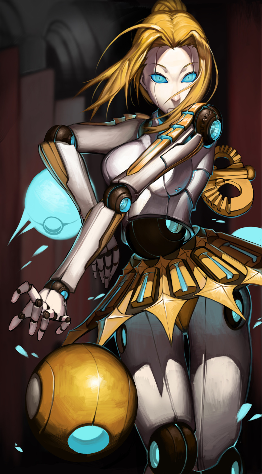 5_fingers blonde_hair blue_eyes breasts digital_media_(artwork) female fingers glowing glowing_eyes hair hi_res humanoid humanoid_face league_of_legends looking_at_viewer machine metallic_body not_furry orianna_(lol) riot_games robot robot_joints solo unknown_artist video_games wind-up_key winding_key