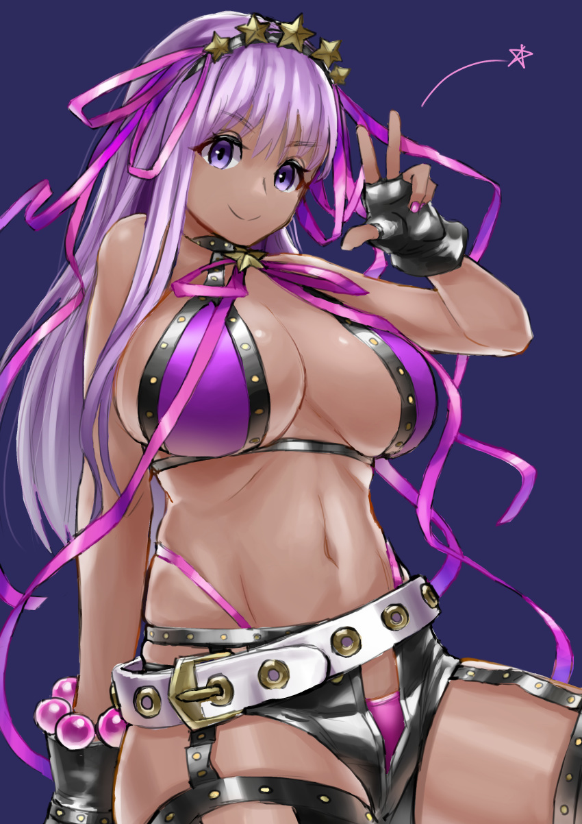 1girl absurdres bangs bare_shoulders bb_(fate)_(all) bb_(swimsuit_mooncancer)_(fate) bead_bracelet beads belt bikini black_gloves black_legwear black_shorts blue_background bracelet breasts cleavage dark_skin fate/grand_order fate_(series) fingerless_gloves gloves gyaru hair_ornament hair_ribbon hairband hand_gesture highres jewelry large_breasts long_hair looking_at_viewer matinmorgen neck_ribbon purple_bikini purple_eyes purple_hair purple_ribbon ribbon short_shorts shorts simple_background sitting smile solo star star_hair_ornament studded_garter_belt swimsuit tan thighhighs thighs w white_belt