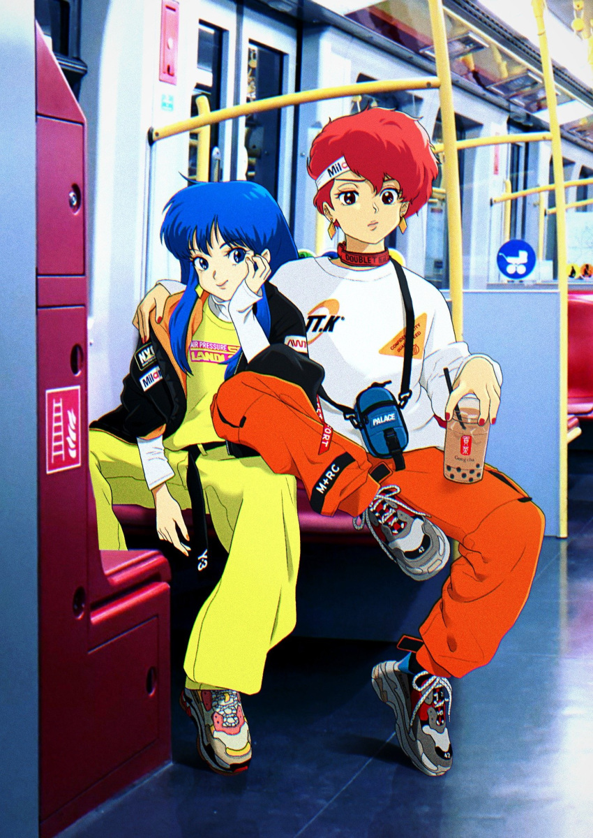 2girls 80s arm_around_shoulder bag belt blue_eyes blue_hair brown_eyes bubble_tea cargo_pants casual chin_rest choker commentary commentary_request dirty_pair earrings english_commentary fashion headband highres jewelry kei_(dirty_pair) long_hair looking_at_viewer making-of_available multiple_girls nail_polish nemo_brand oldschool pants photo_background product_placement red_hair shoes short_hair sidelocks sitting sneakers subway sweater train_interior yuri_(dirty_pair)
