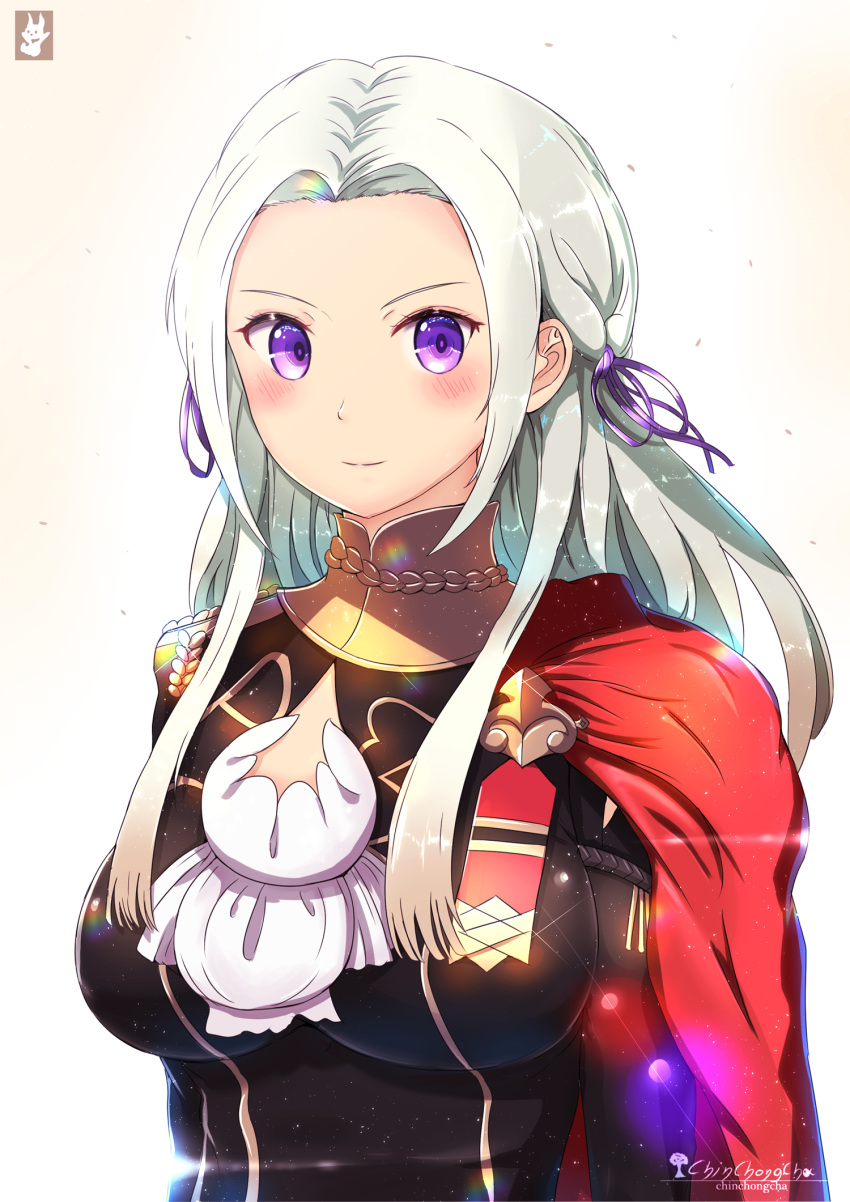 &gt;:) 1girl artist_name blush breasts cape chinchongcha commentary cravat edelgard_von_hresvelgr_(fire_emblem) fire_emblem fire_emblem:_three_houses gloves hair_ornament hair_ribbon highres large_breasts light_particles long_hair looking_at_viewer portrait purple_eyes red_cape ribbon signature simple_background smile solo uniform upper_body white_hair