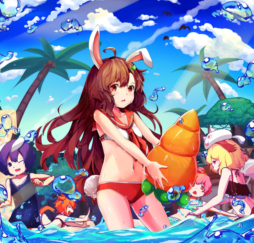 &gt;_&lt; 5girls ahoge animal_ears bikini black_bikini blonde_hair borrowed_character brown_eyes brown_hair bunny_ears bunny_tail carrot cat_ears cat_tail character_request closed_eyes cloud commentary_request covered_navel green_bikini hair_ornament hairclip highres inflatable_toy korean_commentary long_hair megato multiple_girls navel one-piece_swimsuit one_eye_closed open_mouth orange_hair original outdoors outstretched_arms palm_tree pink_hair ponytail purple_eyes purple_hair red_bikini_bottom red_eyes school_swimsuit short_hair sky smile swimsuit tail tree wading water white_bikini_top