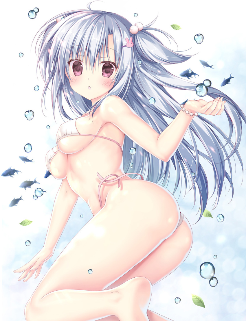 1girl :o air_bubble amazing_grace_-what_color_is_your_attribute?- ass bikini blue_hair blush bracelet breasts bubble cabbage_soft commentary_request eyebrows_visible_through_hair fish hair_between_eyes hair_ornament hairclip highres jewelry korie_riko leaf long_hair looking_at_viewer medium_breasts open_mouth pink_bikini pose purple_eyes side-tie_bikini solo summer swimsuit wardrobe_malfunction yune_(amazing_grace)