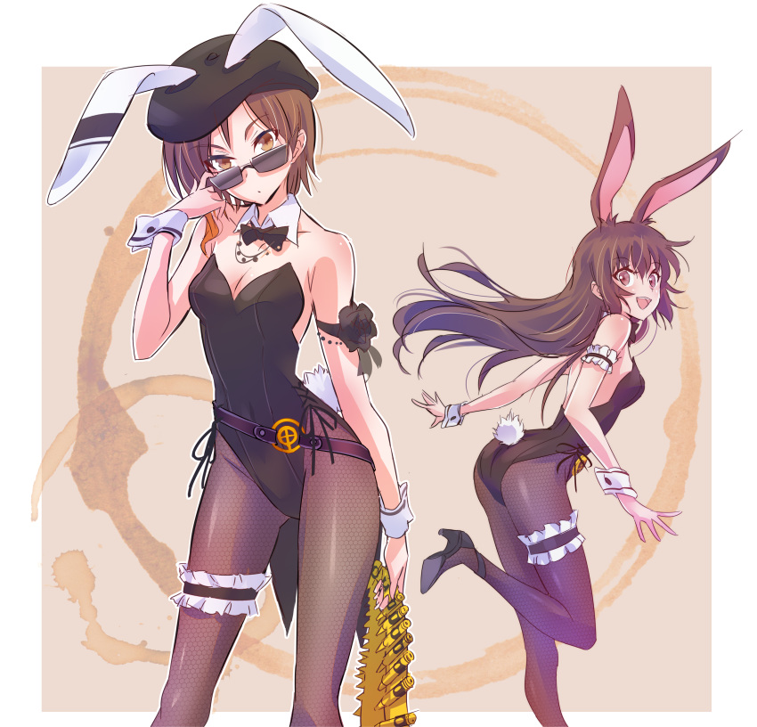 2girls :d absurdres animal_ears arm_garter ass ass_visible_through_thighs bare_shoulders beret bow bowtie breasts brown_eyes brown_hair brown_legwear bunny_ears bunny_tail bunnysuit coattails coco_adel contrapposto detached_collar fishnet_pantyhose fishnets hat highres iesupa jewelry leg_garter leotard long_hair looking_at_viewer multiple_girls necklace open_mouth pantyhose rwby short_hair small_breasts smile standing standing_on_one_leg sunglasses tail velvet_scarlatina wrist_cuffs