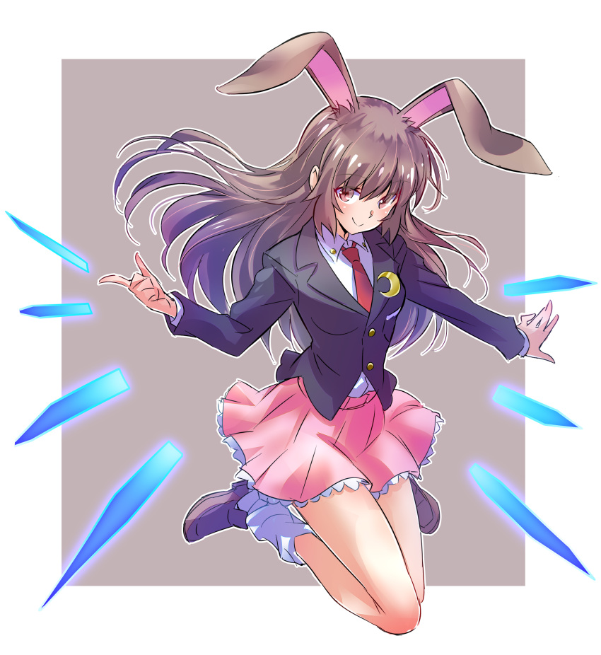 1girl absurdres animal_ears brown_eyes brown_hair bunny_ears bunny_girl cosplay highres iesupa jumping long_hair mary_janes necktie pink_skirt red_neckwear reisen_udongein_inaba reisen_udongein_inaba_(cosplay) rwby shoes skirt solo suit_jacket tail touhou velvet_scarlatina