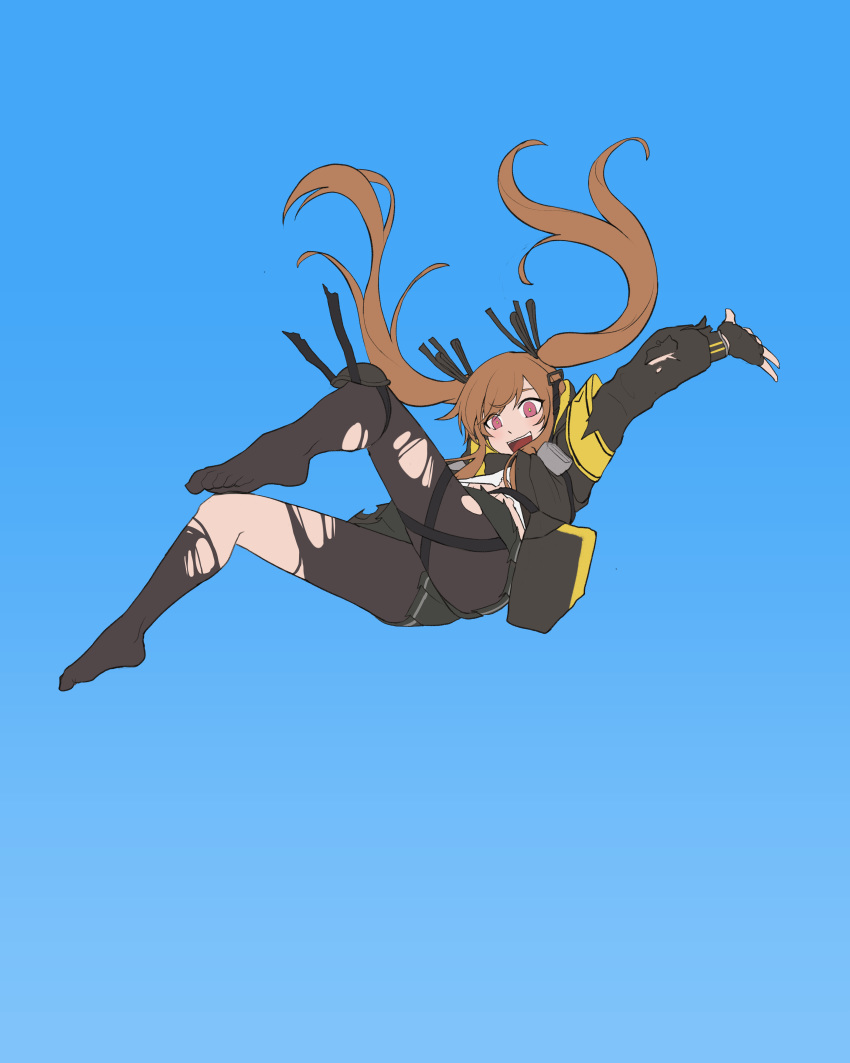 1girl absurdres bag bangs black_gloves black_legwear black_skirt blue_background brown_hair dlalsrl03131 eyes_visible_through_hair falling fingerless_gloves floating floating_hair girls_frontline gloves hair_between_eyes hair_ornament hair_ribbon highres jacket knee_pads long_hair long_sleeves looking_at_viewer open_mouth pantyhose red_eyes ribbon simple_background skirt sky smile solo torn_clothes torn_coat torn_legwear twintails ump9_(girls_frontline)