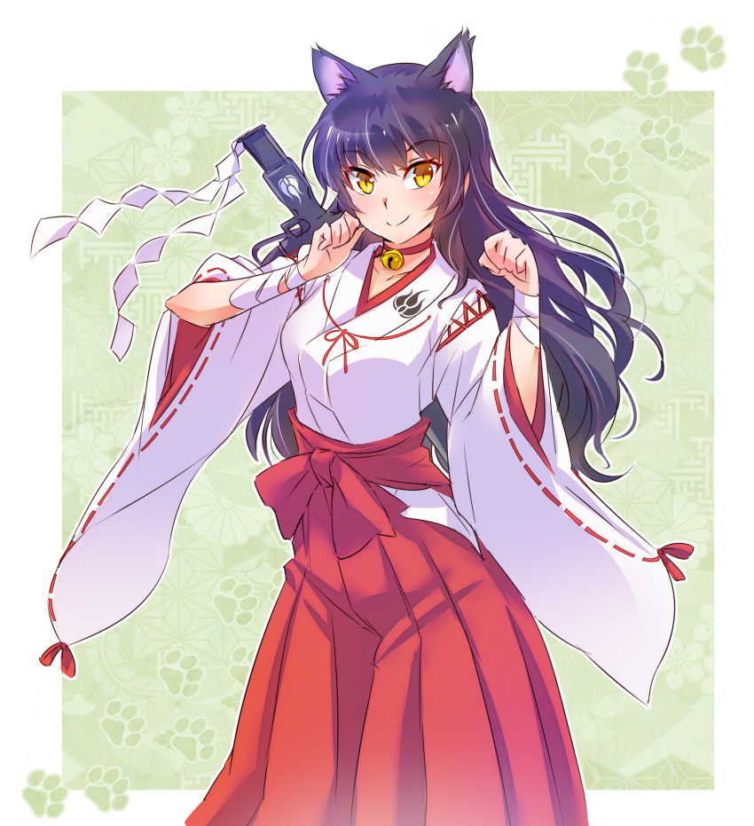 1girl absurdres animal_ears bell black_hair blake_belladonna cat_ears choker gambol_shroud highres iesupa japanese_clothes long_hair miko rwby shide solo wide_sleeves yellow_eyes