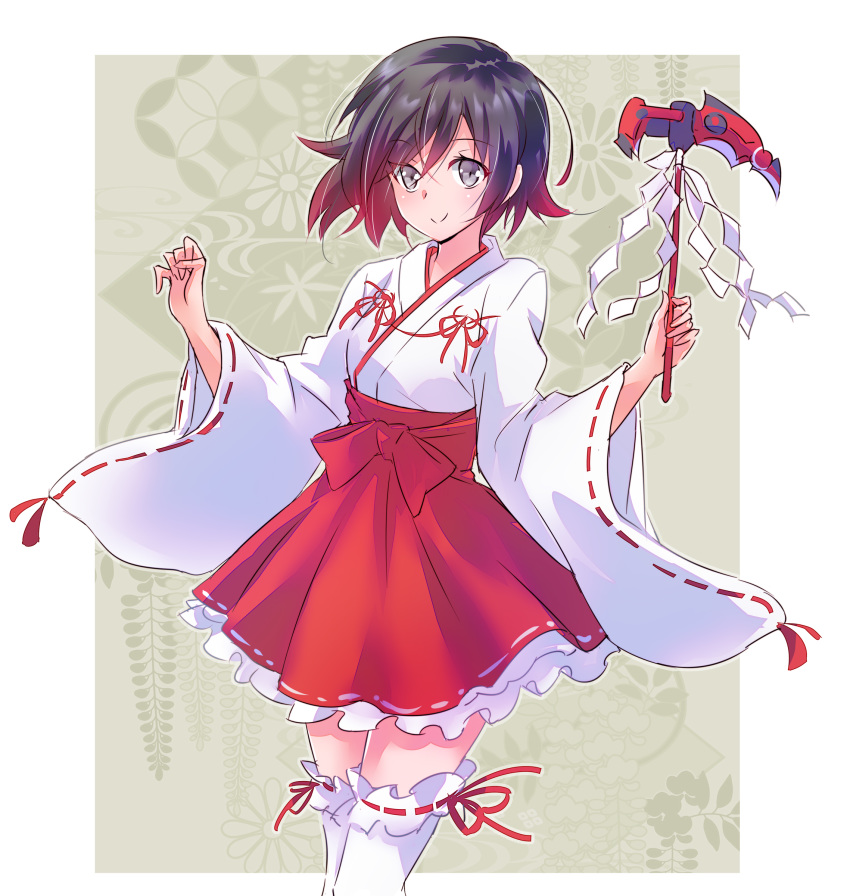 1girl absurdres adapted_object alternate_costume black_hair crescent_rose dress eyebrows_visible_through_hair feet_out_of_frame frilled_dress frills gradient_hair highres holding holding_scythe holding_weapon iesupa japanese_clothes looking_at_viewer messy_hair miko multicolored_hair red_hair red_ribbon ribbon ruby_rose rwby scythe shinto short_hair silver_eyes smile solo thighhighs two-tone_hair weapon white_legwear